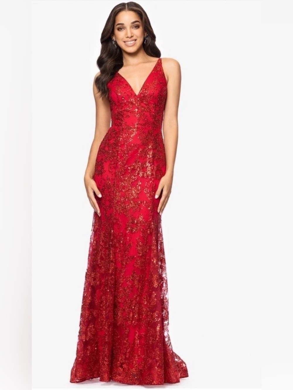 Blondie Nites Juniors’ Glitter Floral V-Neck Gown, Red, Size 5 $238 NWT
